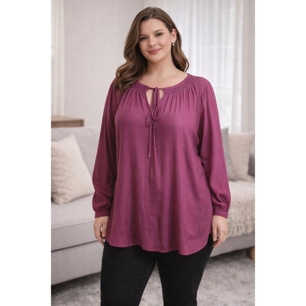 Torrid Flowing Tunic Blouse 2X Magenta Mulberry Tie Neck Boho Relaxed Fit Flowy